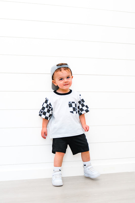 Black Checkered Pocket Toddler & Kids T Shirt